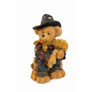 Fall Harvest Teddy Bear Scarecrow Figurine Holding Wheat Pumpkin Autumn Decor
